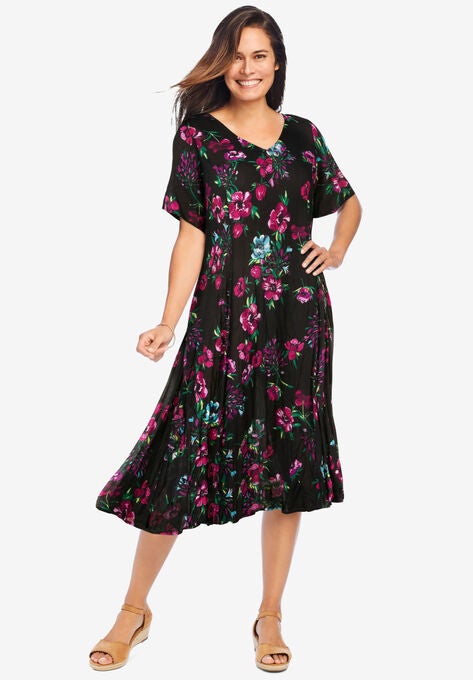 Short Pullover Crinkle Dress, BLACK PAINTERLY FLORAL, hi-res image number null