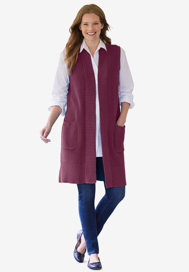 Open Front Shaker Sweater Vest, DEEP CLARET, hi-res image number 0
