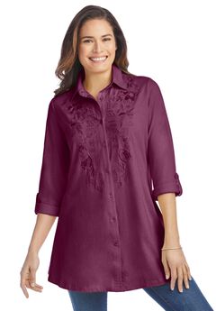 Button-Front Embroidered Tunic