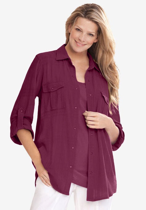 Cotton Gauze Bigshirt, DEEP CLARET, hi-res image number null