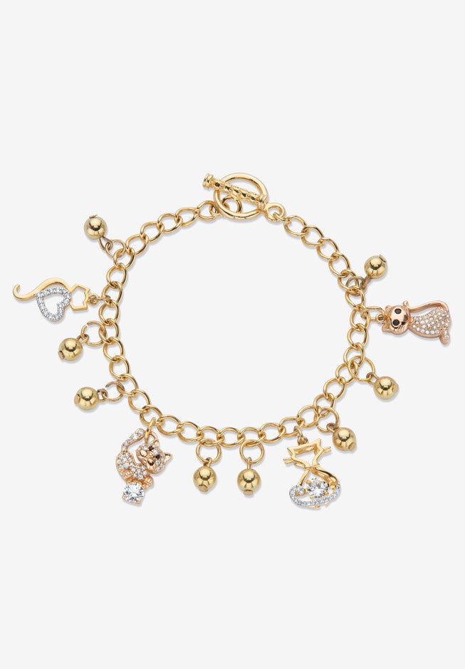 Gold Tone Round Crystal Cat Charm Bracelet, 7.5 inches, CRYSTAL, hi-res image number null