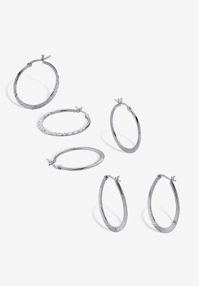 Sterling Silver Diamond Cut 3 Pair Hoop Earrings Set (33Mm), , on-hover image number 1