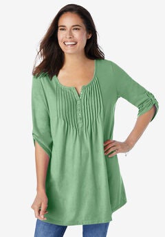 7-Day Three-Quarter Sleeve Pintucked Henley Tunic