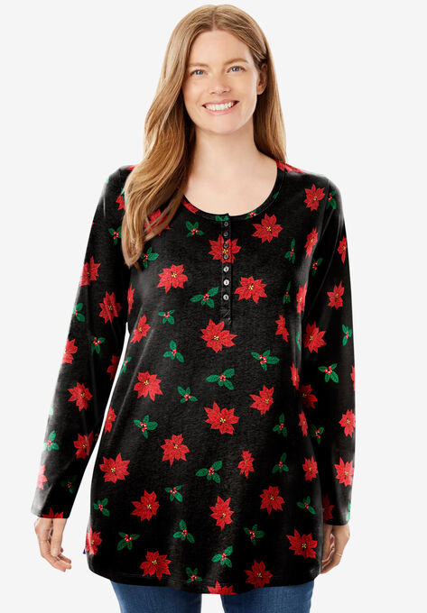 Perfect Printed Long-Sleeve Henley Tee, BLACK POINSETTIA, hi-res image number null