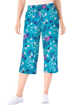 Elastic-Waist Pull-On Knit Pocket Capri Pants