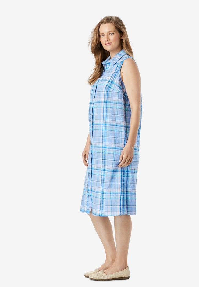 Sleeveless Seersucker Shirtdress, , alternate image number null