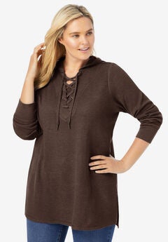 Waffle-Thermal Lace-Up Hoodie