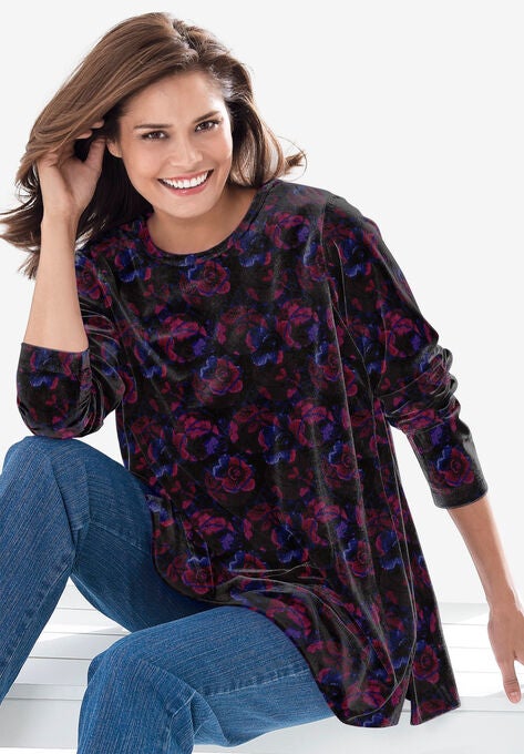Plush Velour Tunic Sweatshirt, BLACK MULTI NOIR FLORAL, hi-res image number null