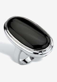 Silvertone Oval-Cut Natural Black Onyx Cabochon Ring