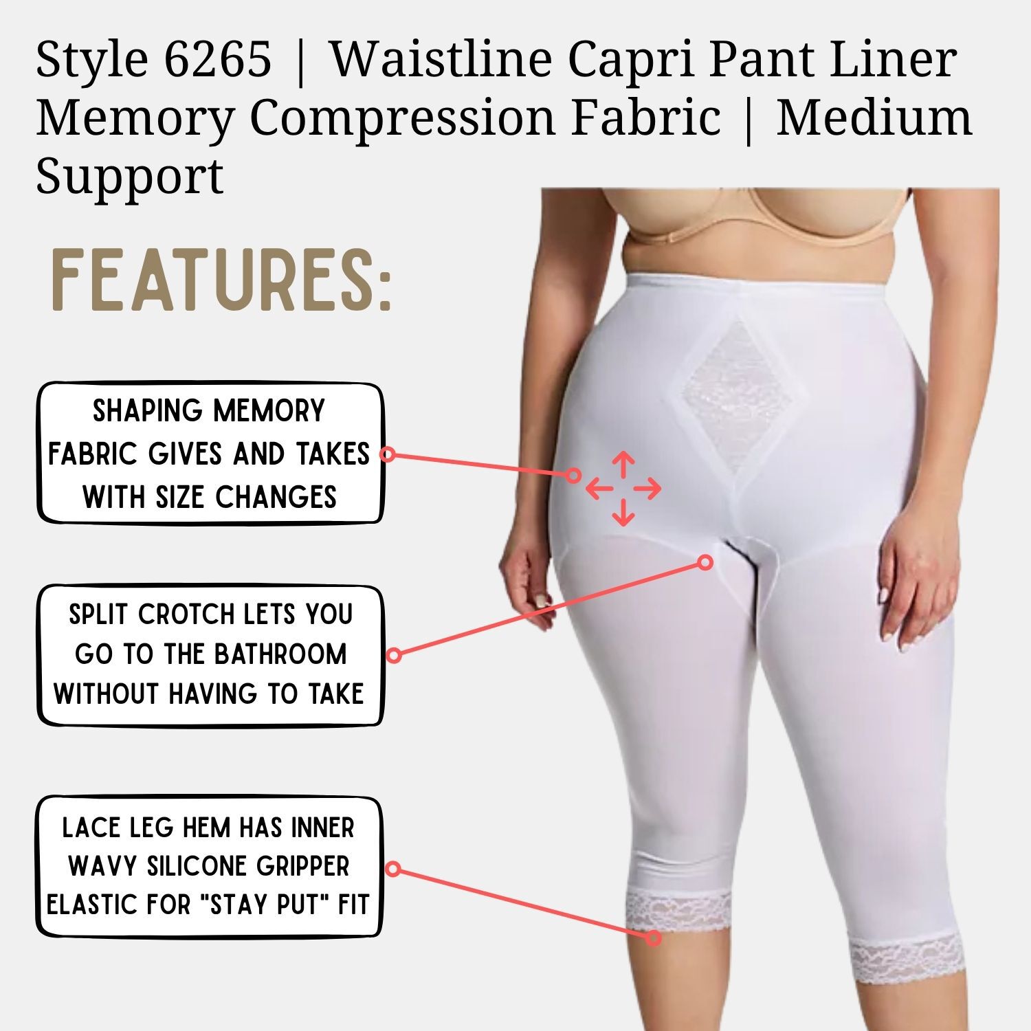 Moderate Control Waistline Capri Pant Liner with Tummy Control Panel Memory Compression Fabric 6265, WHITE, alternate image number 4
