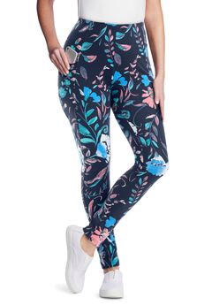 Women’s Plus-Size Stretch-Cotton Knit Pull-On Printed Pocket Leggings