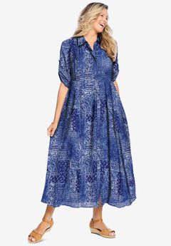 Roll-Tab Sleeve Crinkle Shirtdress