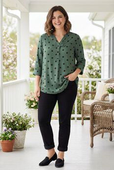 Rayon Three-Quarter Sleeve Effortless Tab-front Blouse
