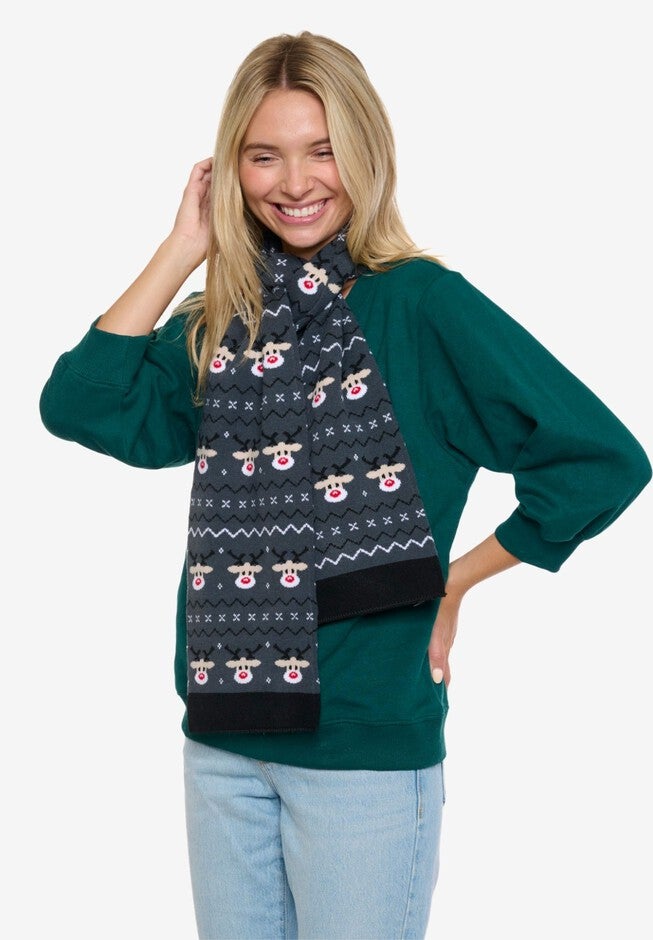 Womens Christmas Reindeer Knit Scarf 70 inches Fair Isle Double Sided Print, RED, alternate image number 4