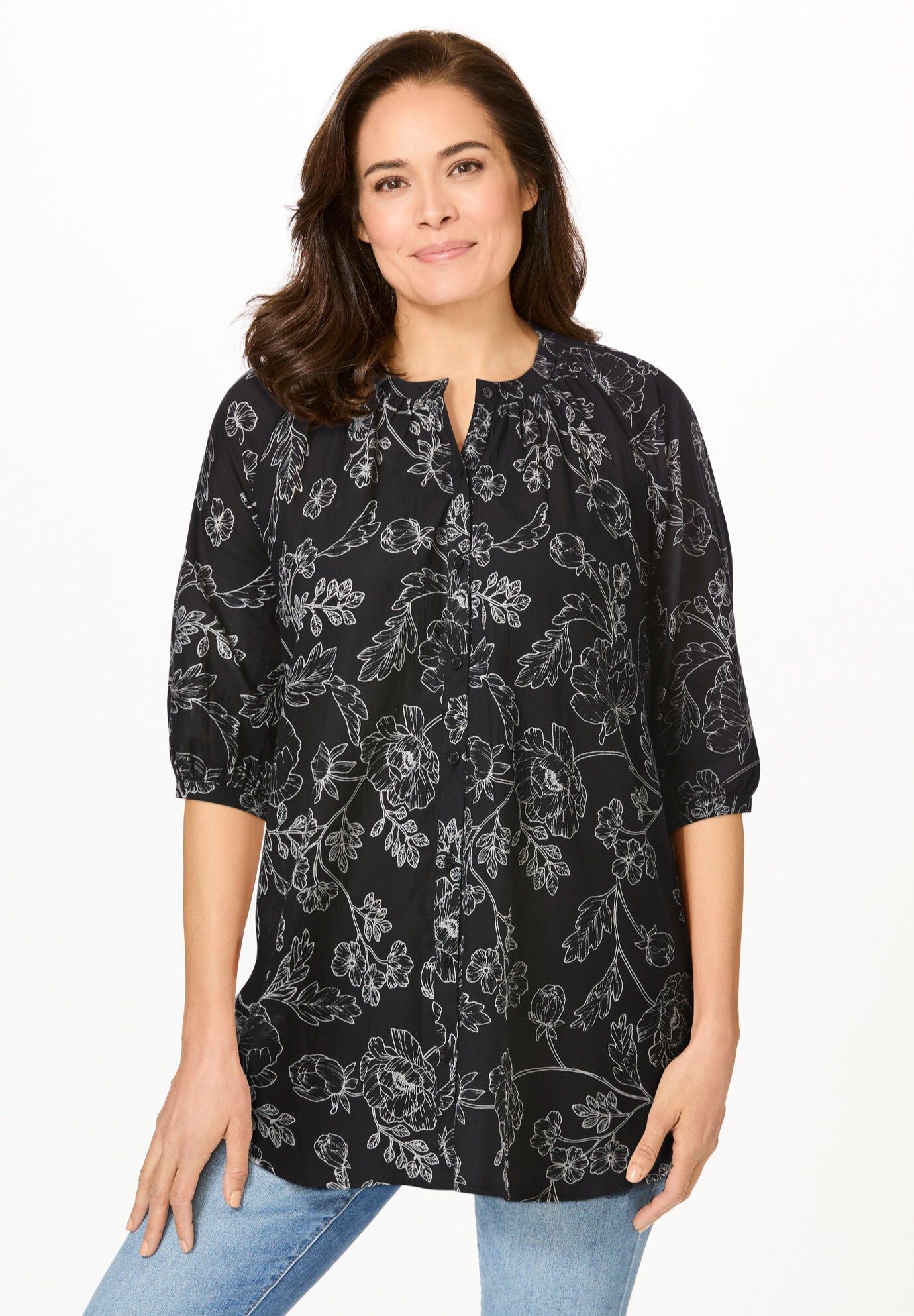 Three-Quarter Sleeve Full Placket Blouse, BLACK OUTLINE FLORAL, hi-res image number 0