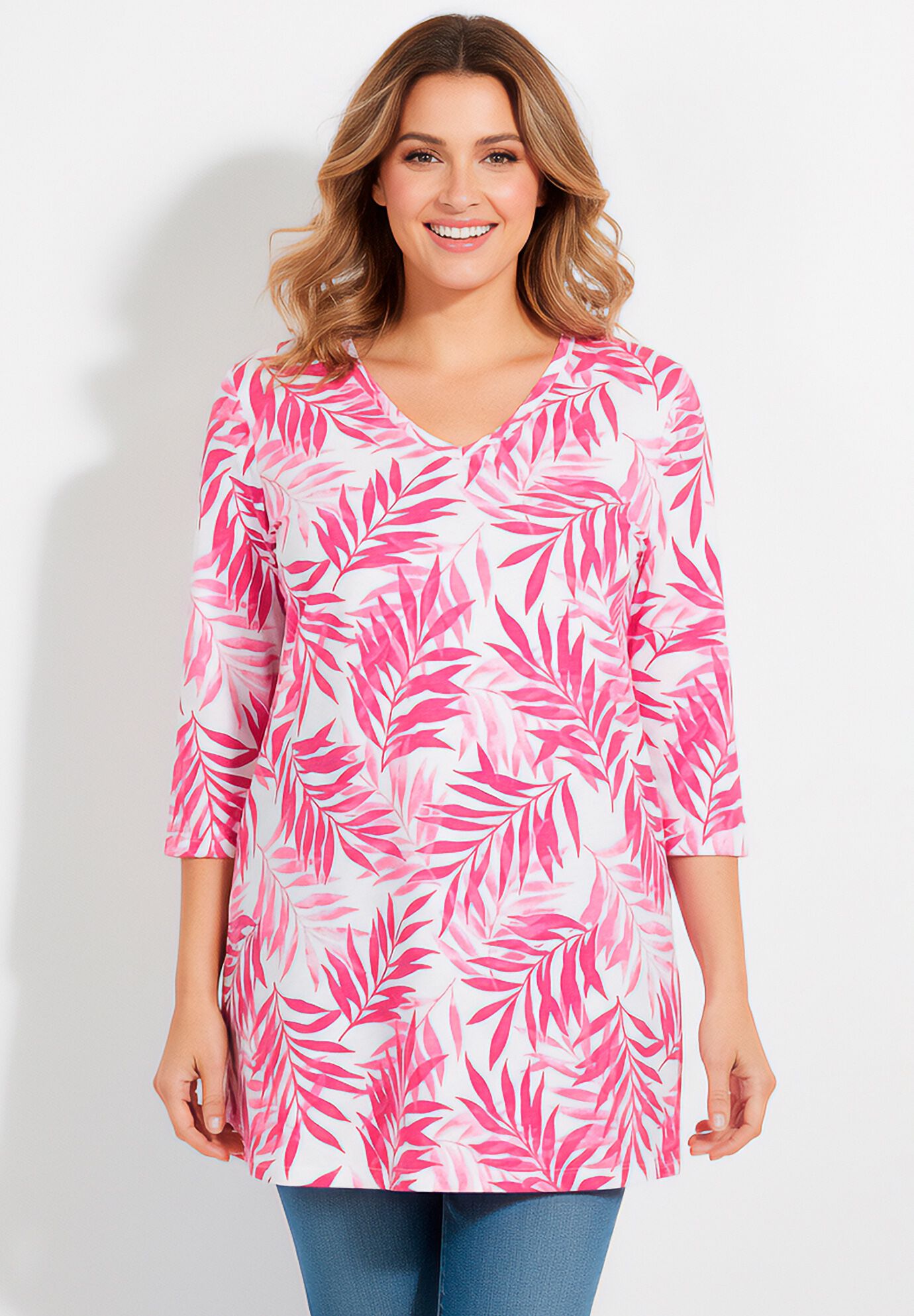 Perfect Printed Three-Quarter-Sleeve V-Neck Tunic, RASPBERRY PALM LEAVES, hi-res image number 0