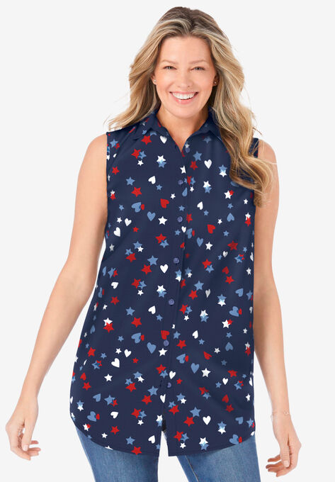 Perfect Button Down Sleeveless Shirt, NAVY HEARTS AND STARS, hi-res image number null