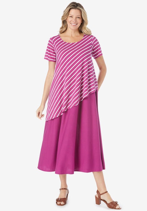 Asymmetric knit popover dress, RASPBERRY STRIPE, hi-res image number null