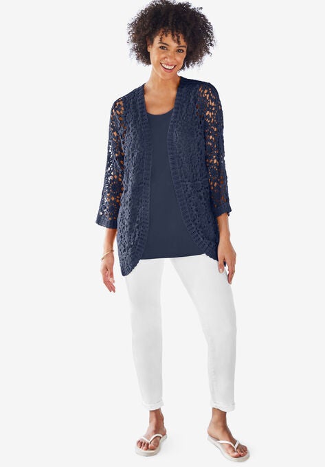 Curved Hem Pointelle Cardigan, NAVY, hi-res image number null