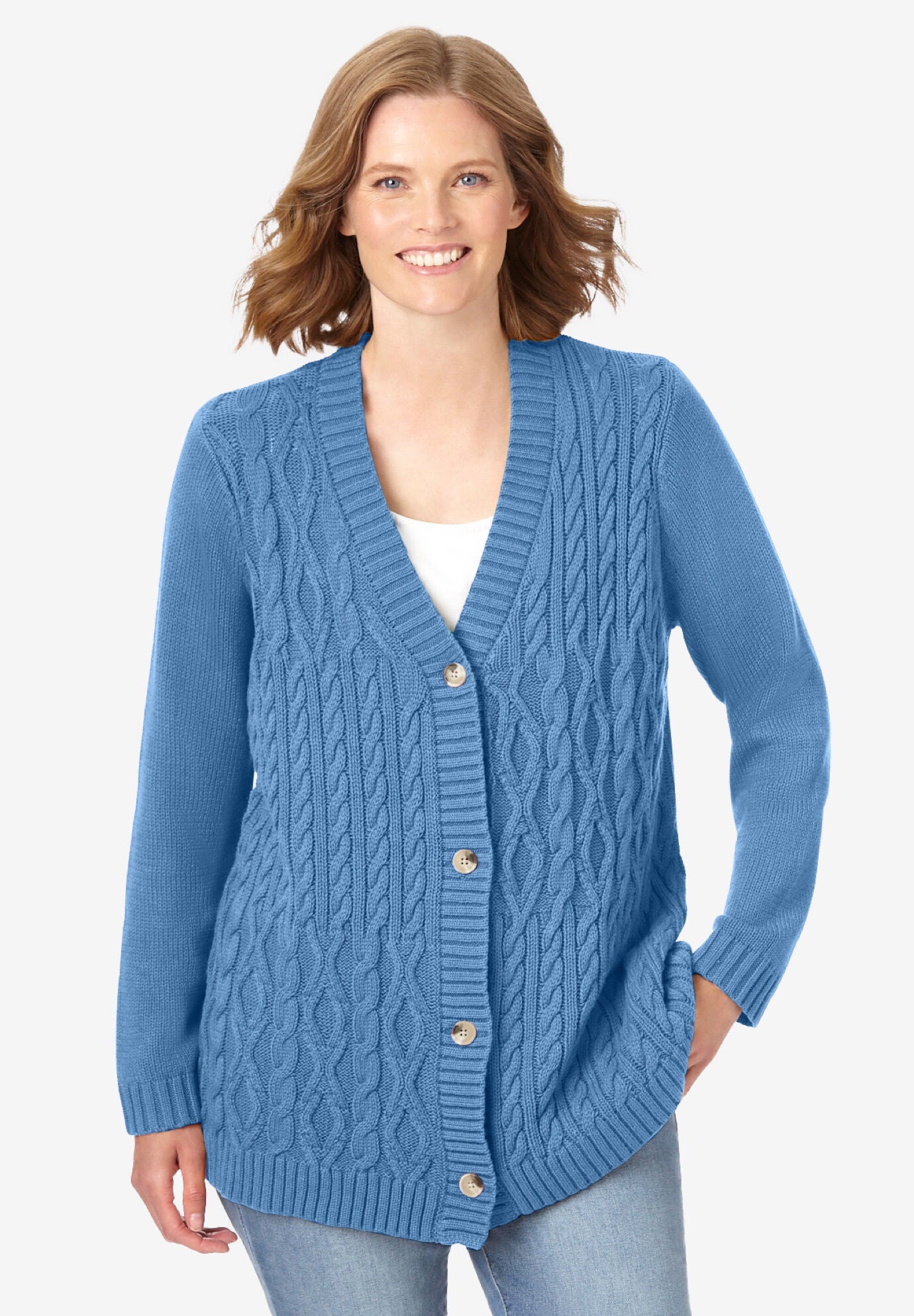 Women's Cable-Knit Stripe Button-Up Cardigan in Gray