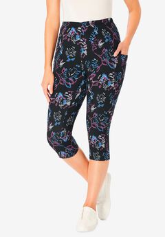 Stretch-Cotton Knit Pull-On Pocket Capri Leggings
