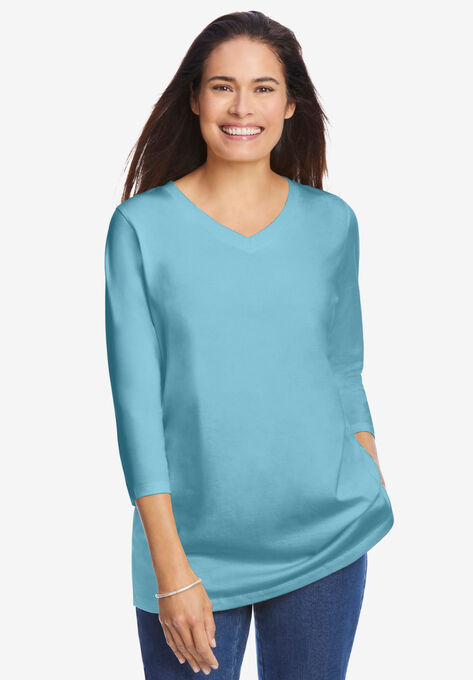 Perfect Three-Quarter Sleeve V-Neck Tee | Woman Within