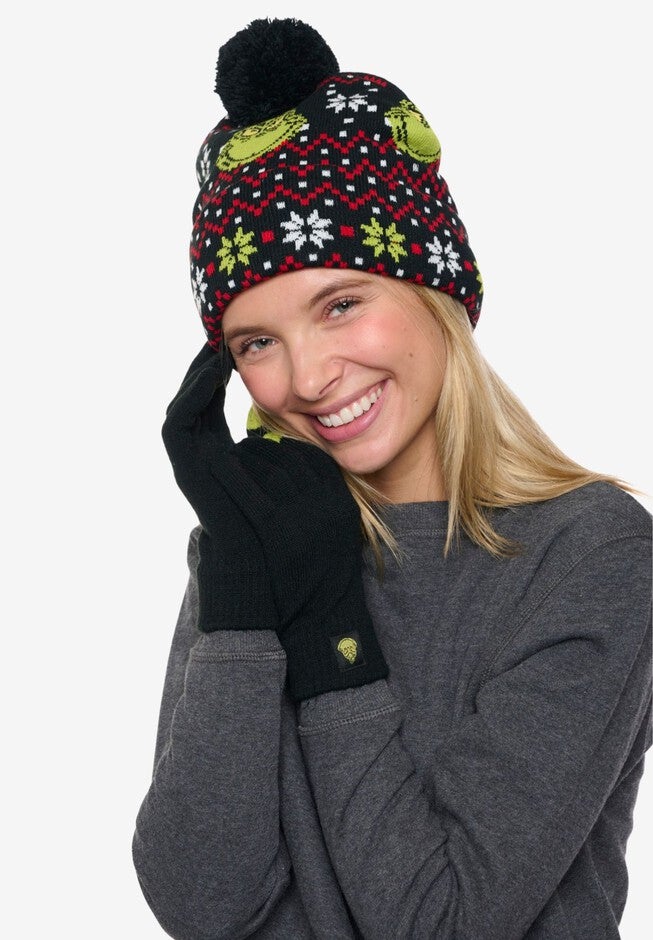 Women's Dr Seuss Grinch Knit Beanie Hat & Touch Screen Gloves Christmas, BLACK, alternate image number 5
