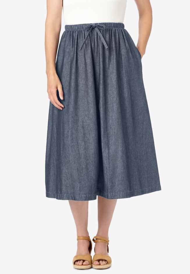 Drawstring Denim Skirt - A-line, Full Elastic Waist, Stonewash | Woman ...