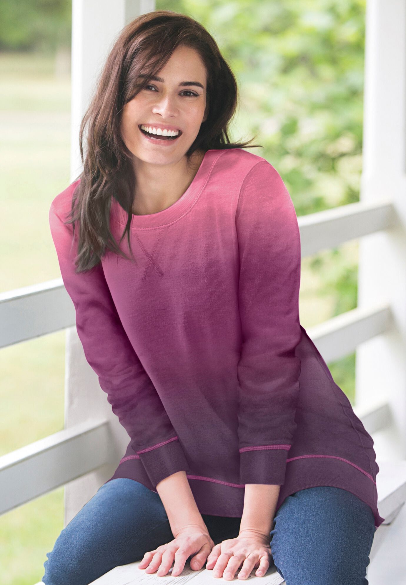 French Terry Sweatshirt Relaxed Pullover Deep Teal Multi Floral Embroidery Woman Within