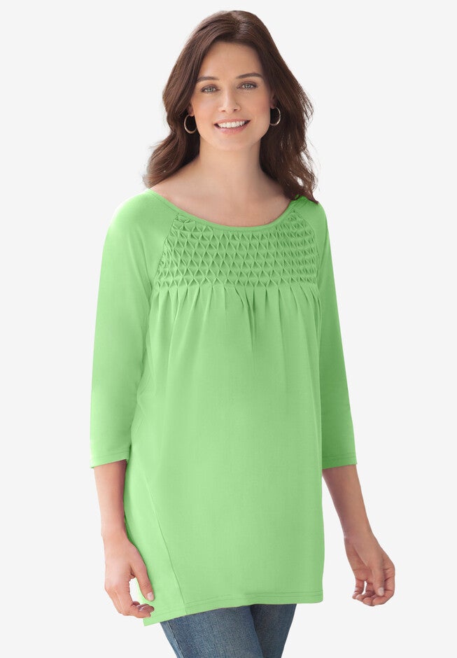 Three-Quarter Sleeve Smocked Tunic, PISTACHIO, hi-res image number 0