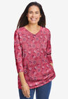 Perfect Printed Three-Quarter Sleeve V-Neck Tee, ROSE PINK BANDANA PAISLEY, hi-res image number null