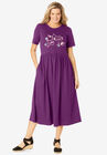 Short-Sleeve Scoopneck Empire Waist Dress, PLUM PURPLE PLAID CATS, hi-res image number null