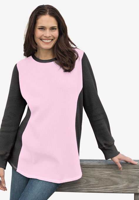 Colorblock Scoopneck Thermal Sweatshirt, PINK HEATHER CHARCOAL, hi-res image number null