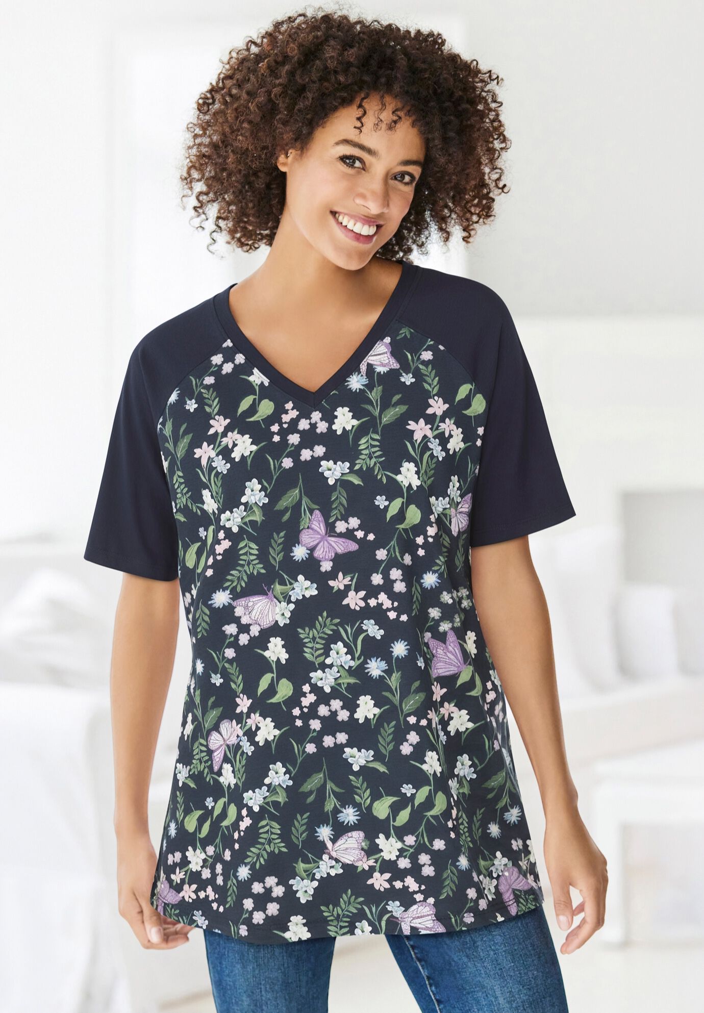 Elbow Sleeve V-Neck Baseball Tee, NAVY LILAC BUTTERFLIES, hi-res image number 0