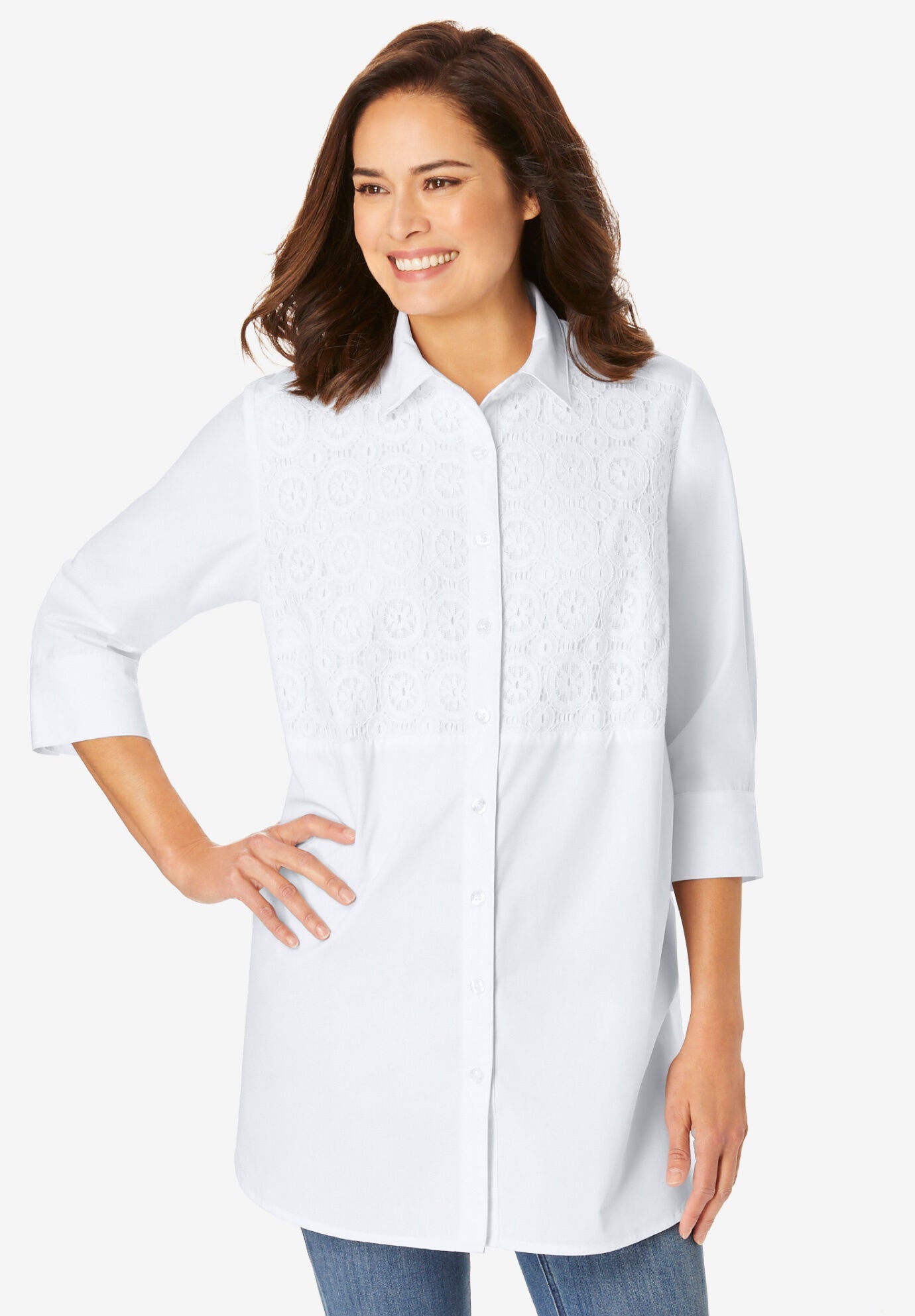 Longer-Length Crochet Front Tunic, WHITE, hi-res image number 0
