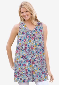 Perfect Printed Sleeveless Shirred V-Neck Tunic