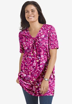 Perfect Printed Short-Sleeve Shirred V-Neck Tunic