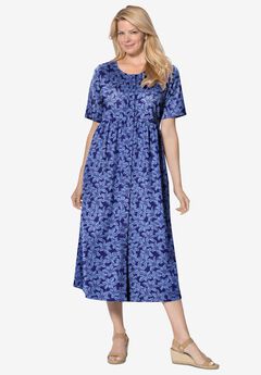 Button-Front Elbow-Sleeve Knit Dress