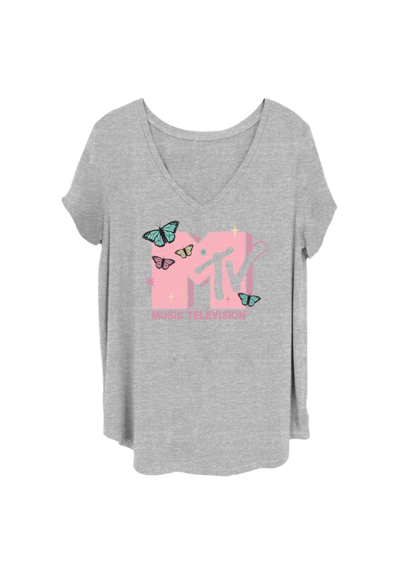 Mtv Sparkles Butterflies V-Neck T-Shirt, HEATHER GREY, hi-res image number 0