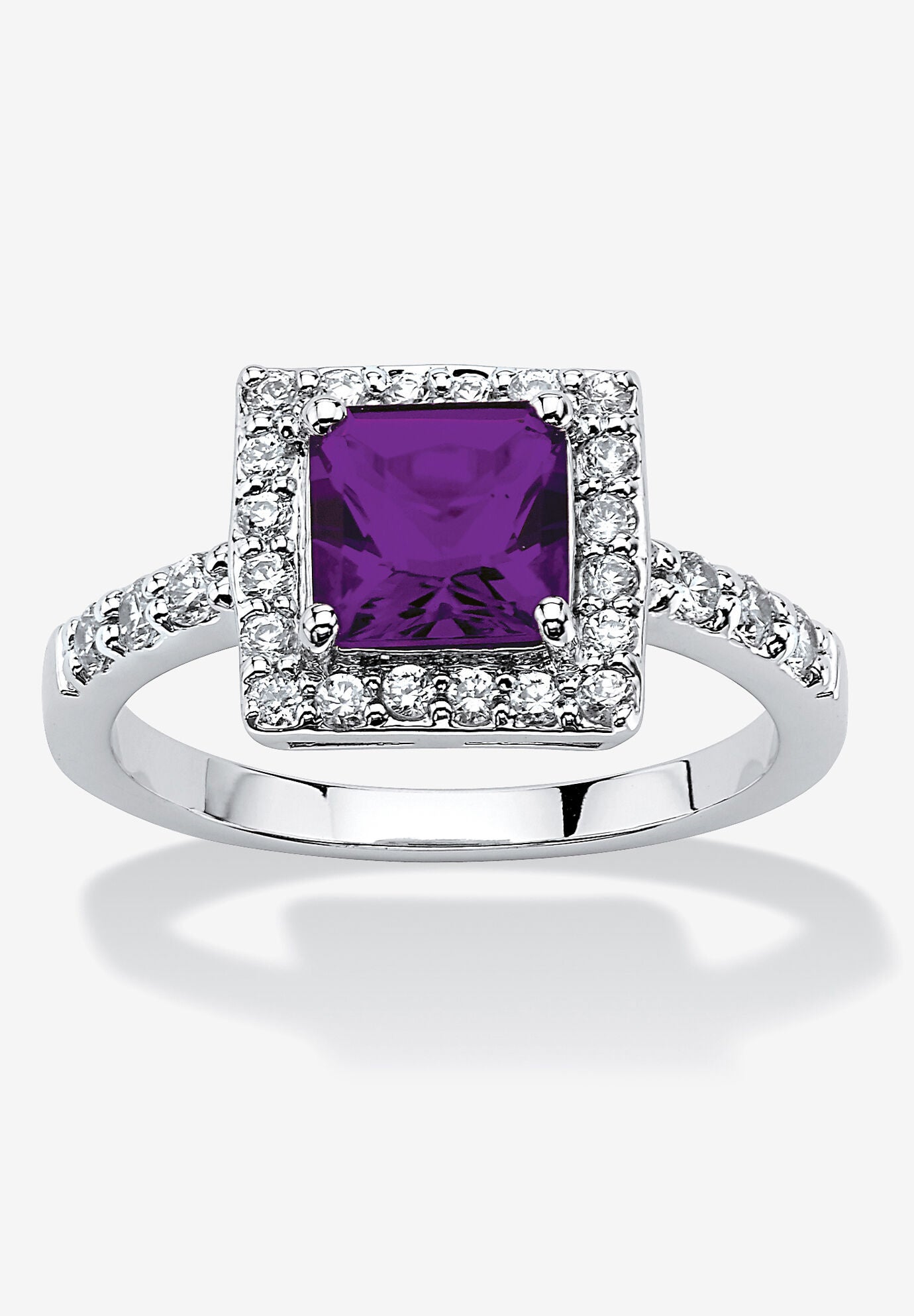 Simulated Birthstone and Crystal Halo Ring in Sterling Silver, FEBRUARY, hi-res image number 0