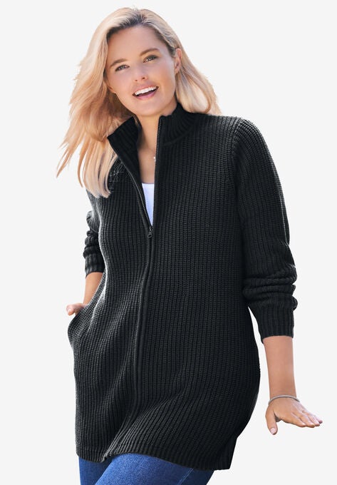 Zip Front Shaker Cardigan, BLACK, hi-res image number null