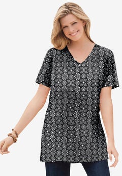 Perfect Printed Short-Sleeve Shirred V-Neck Tunic