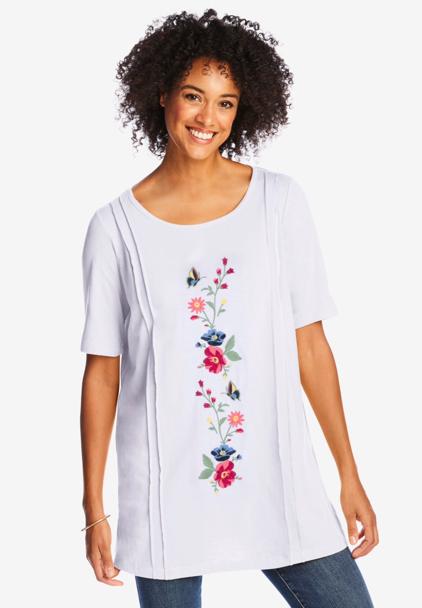 Short-Sleeve Scoopneck Embroidered Tunic, WHITE EMBROIDERY, hi-res image number 0
