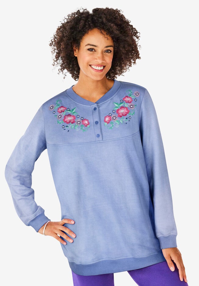 Embroidered Henley Sweatshirt, FRENCH BLUE EMBROIDERY, hi-res image number 0