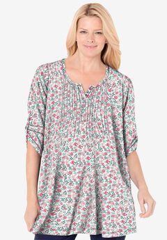 7-Day Three-Quarter Sleeve Pintucked Henley Tunic