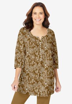 7-Day Three-Quarter Sleeve Pintucked Henley Tunic