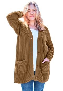 Button-Front Shaker Cardigan