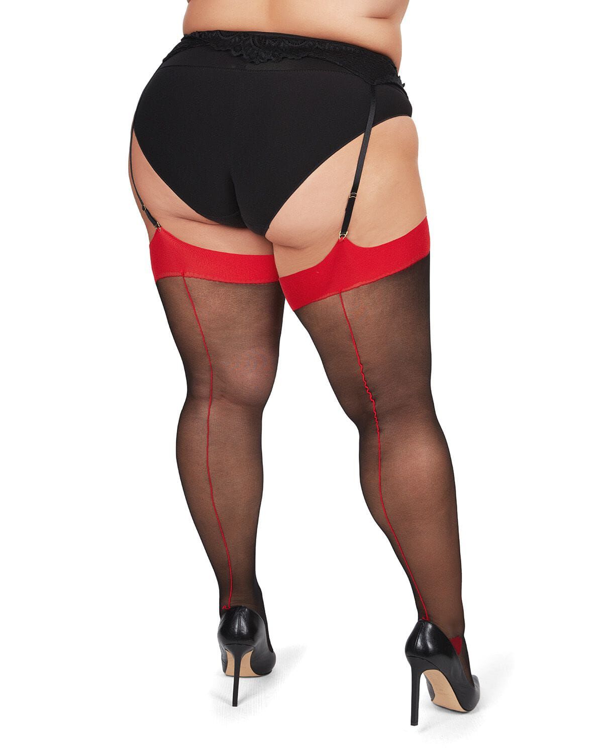 Women's Back Seam/Cuban Heel Plus Size Curvy Thigh High Stocking, BLACK RED, alternate image number 2