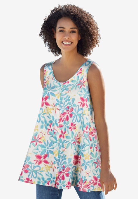 Button-Front Linen Tank, WATERCOLOR FLORAL, hi-res image number null