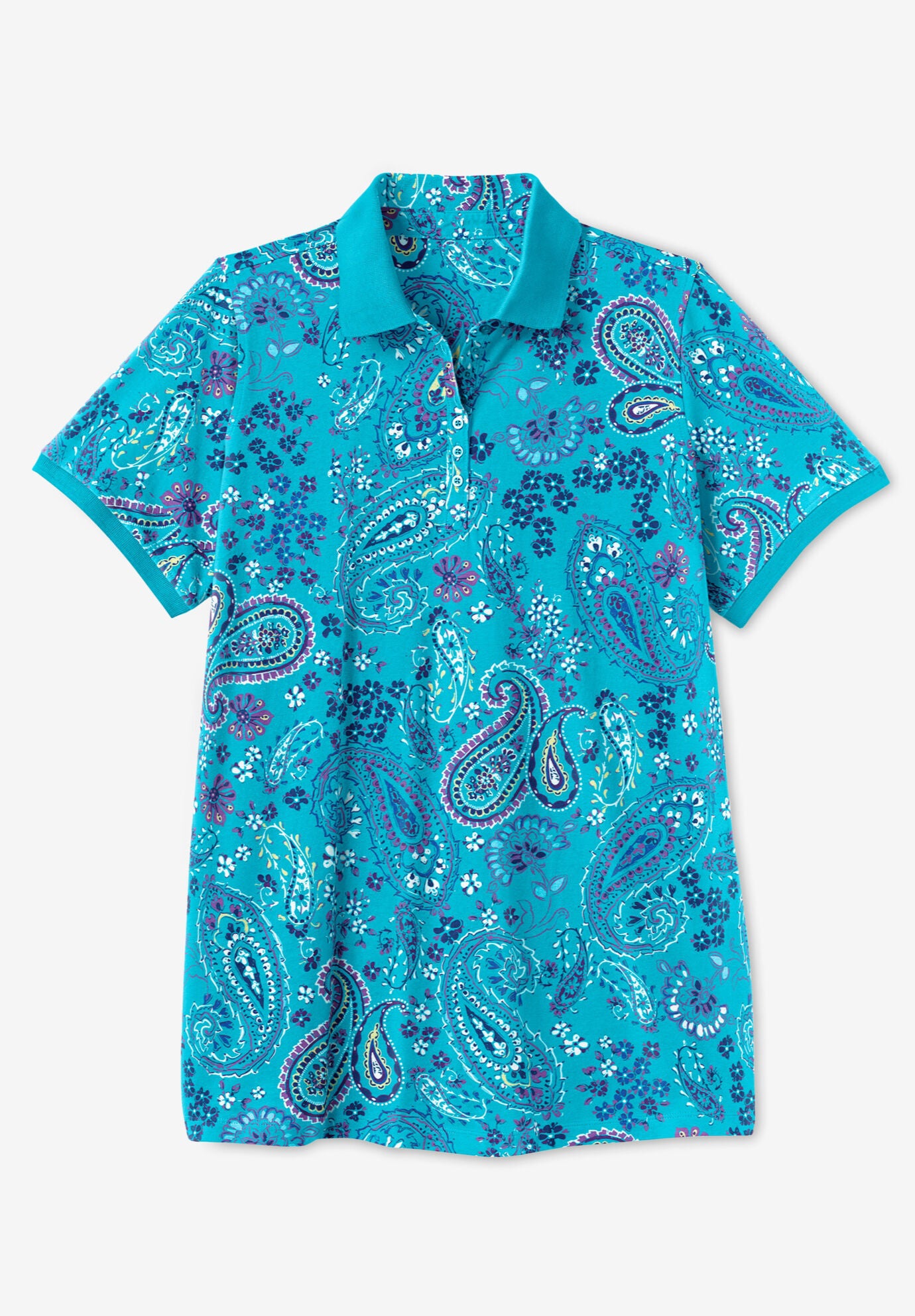 Woman Within Women s Plus Size Perfect Printed Short Sleeve Polo Shirt 5X Bright Cobalt Multi Pretty Tropicana